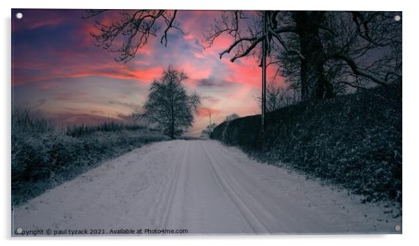 Snow covered lane at Sunset Acrylic by Paul Tyzack