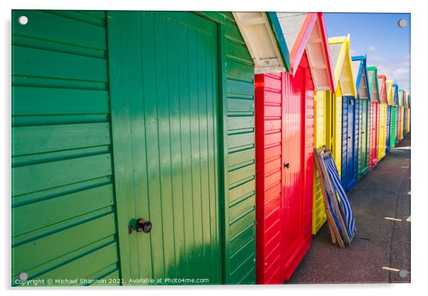 Colourful Beach Huts and a deck chair in Whitby Acrylic by Michael Shannon