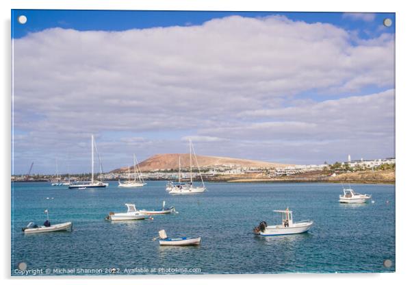 Small boats and Playa Blanca resort, Lanzarote Acrylic by Michael Shannon