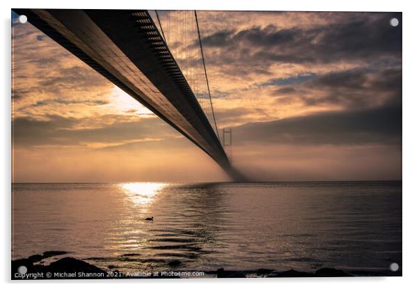 Sunrise Humber Bridge in Humberside. Acrylic by Michael Shannon