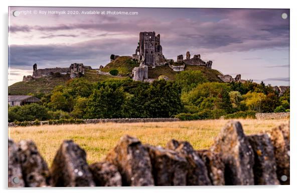 corfe castle, taken from the carpark in the village of the same name, purbeck, dorset, uk Acrylic by Roy Hornyak