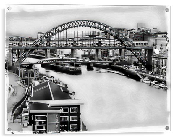 The Tyne Bridges, Port of Tyne, in Black & White Acrylic by Sheila Eames