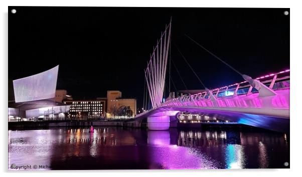 Illuminated Footbridge, Media City Acrylic by Michele Davis