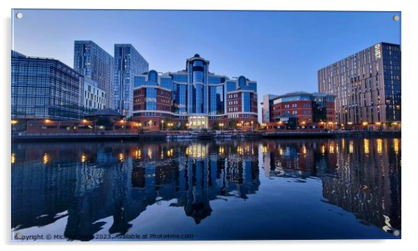 Salford Quays Blue Hour Reflections  Acrylic by Michele Davis