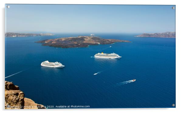 cruise ship near volcano on island of Santorini Acrylic by Antonio Gravante
