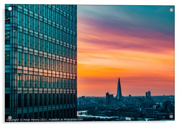 London skyline at sunset from Canary Wharf Acrylic by Hiran Perera