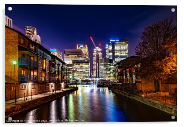 Canary Wharf Skyline and Blackwall Basin Acrylic by Hiran Perera