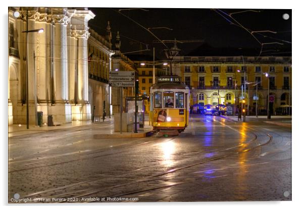 Tram at Night, Lisbon, Portugal Acrylic by Hiran Perera