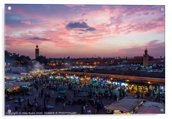 "Sunset Magic at Jemaa el-Fna: Unveiling Marrakesh Acrylic by Mike Byers