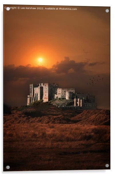 "Burning Splendor: Bamburgh Castle at Sunset" Acrylic by Lee Kershaw