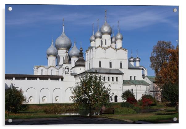 Historical landscape. A beautiful white Christian Church against a blue sky Acrylic by Karina Osipova