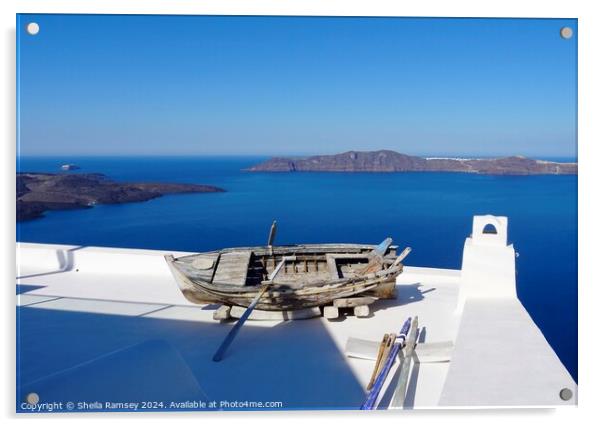 Boat On Roof Santorini Greek island Acrylic by Sheila Ramsey