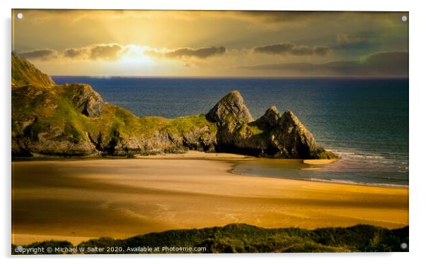 The Golden Sands of Three Cliffs Bay Acrylic by Michael W Salter