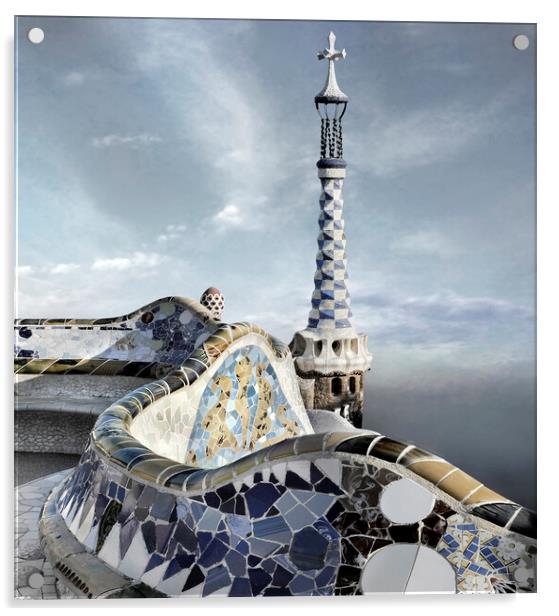 Park Guell, Barcelona. Bench and tower Acrylic by JM Ardevol