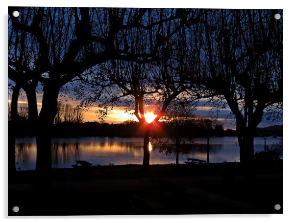 Sunset in Moissac South West of France, a lovely sunset at a picnic area next to the river Tarn, Acrylic by Karen Noble