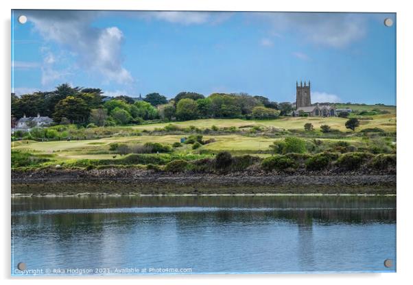Green Hills of Lelant Landscape, St Uny's Church, Cornwall Acrylic by Rika Hodgson