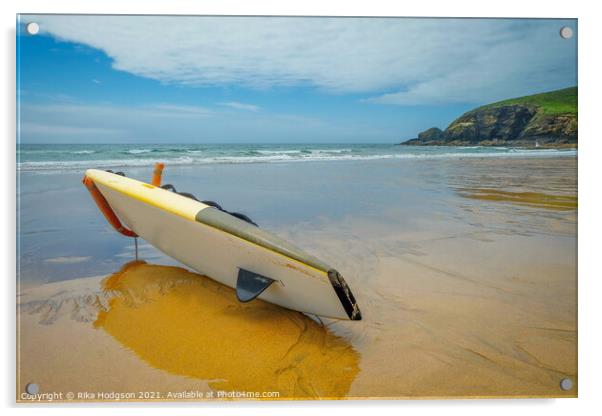 Surfboard on Praa Sands Beach, Cornwall, Enlgand, Seascape Acrylic by Rika Hodgson