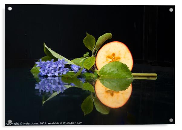Apple and bluebells still life Acrylic by Helen Jones