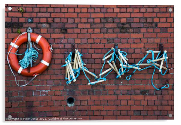 Life Belt rope ladder on brick wall Acrylic by Helen Jones