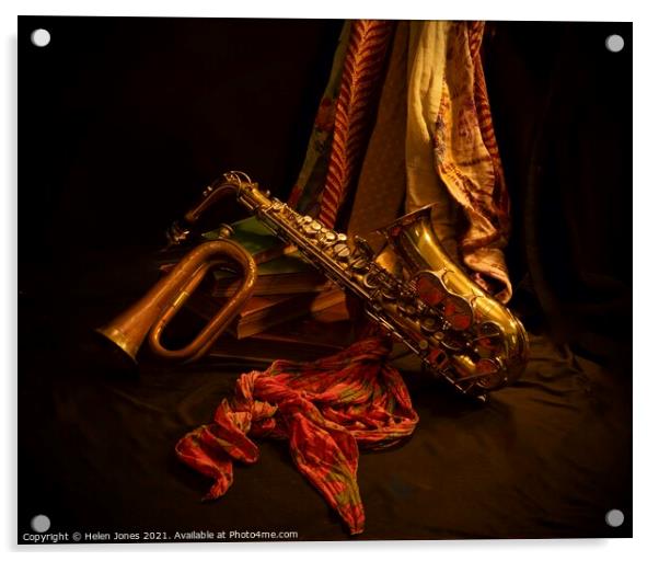 Saxophone and bugle still life Acrylic by Helen Jones