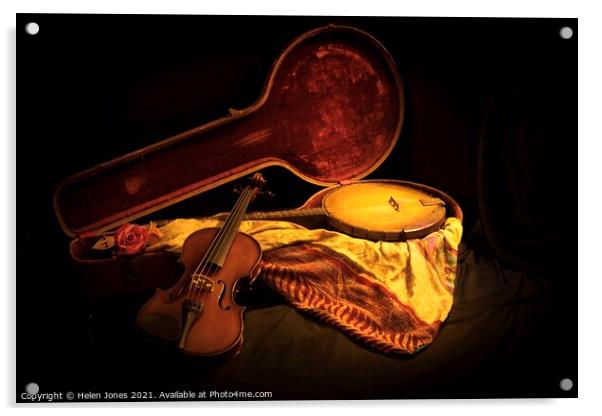 Banjo and violin still life photo oil painting style Acrylic by Helen Jones