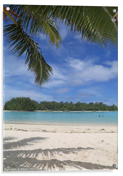 Koromiri Island, Rarotonga from Muri Beach with palm tree Acrylic by Robert MacDowall