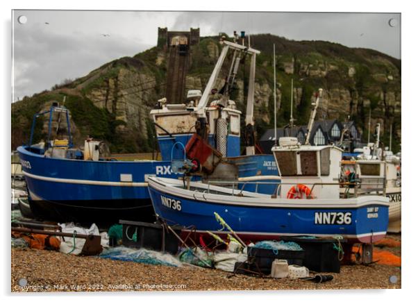 Fishing Boats on the Stade Beach in Hastings. Acrylic by Mark Ward