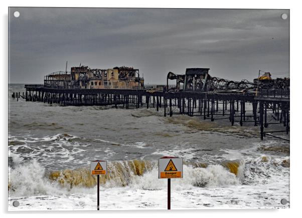 Fire Damage to Hastings Pier 2010. Acrylic by Mark Ward