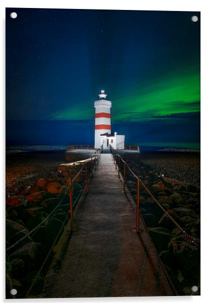 Garður Old Lighthouse with aurora  Acrylic by Jonny Gios