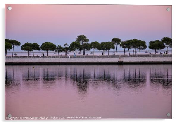 Beautiful twilight pink and blue sunset sky and a boardwalk on Tagus River. Acrylic by PhotOvation-Akshay Thaker