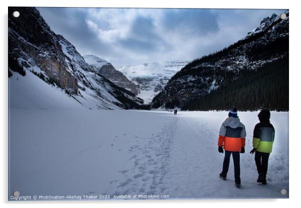 Tourists kids are walking on top of the frozen lake Louise Canadian and Tourists are enjoying winter Acrylic by PhotOvation-Akshay Thaker