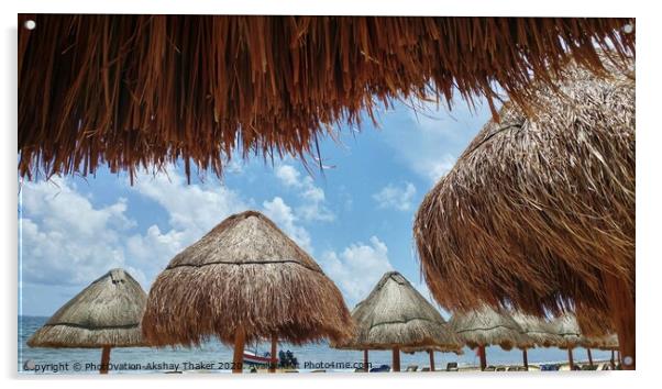 View of ocean through Sunshades at sandy beach in Mexico Acrylic by PhotOvation-Akshay Thaker