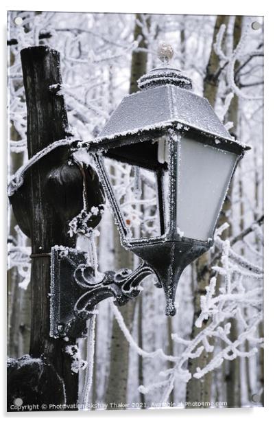 An Abstract of Lamp post with a frost and ice on a freezing winter day. Acrylic by PhotOvation-Akshay Thaker