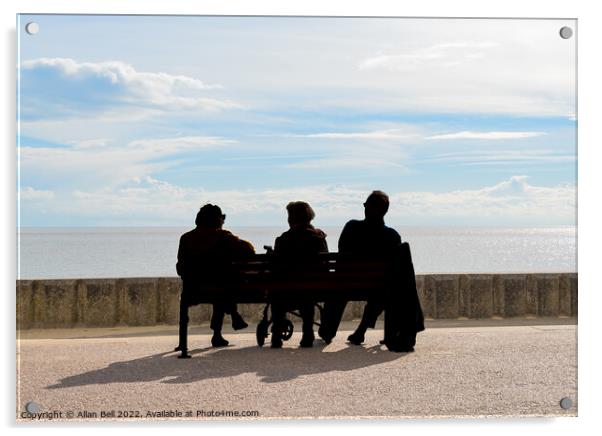Three peoplepeople sitting on a bench looking out  Acrylic by Allan Bell