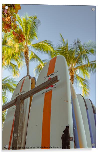 Surfboards on Waikiki Beach Acrylic by Jeff Whyte