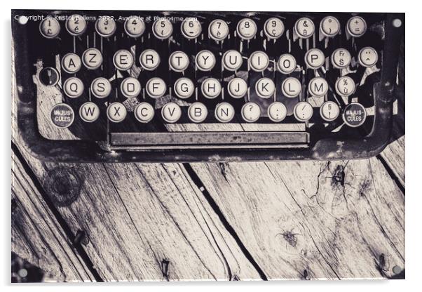 Old and weathered antique typewriter keyboard on wooden background in greyscale. Acrylic by Kristof Bellens