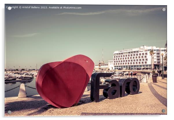 View on the I love Faro sign and Eva Senses Hotel in the marina of Faro, Portugal. Acrylic by Kristof Bellens