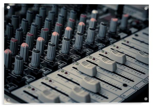 Closeup and detail of audio mixing console with faders and knobs Acrylic by Kristof Bellens
