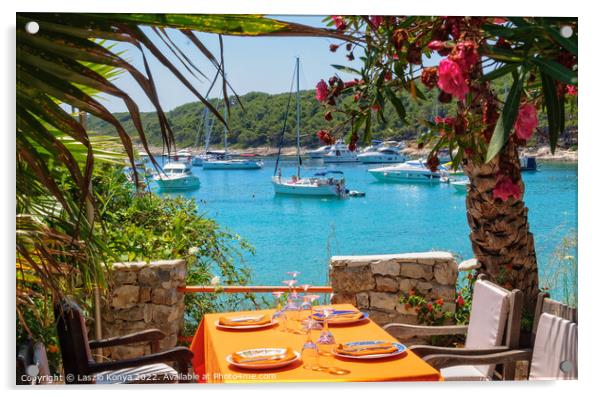 View from the terrace - Milna Bay Acrylic by Laszlo Konya