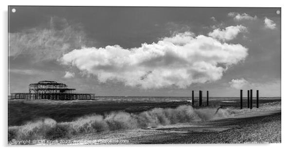 Brighton West Pier monochrome Acrylic by Cliff Kinch