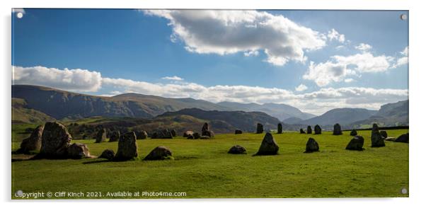 Castlerigg Stone Circle panorama Acrylic by Cliff Kinch