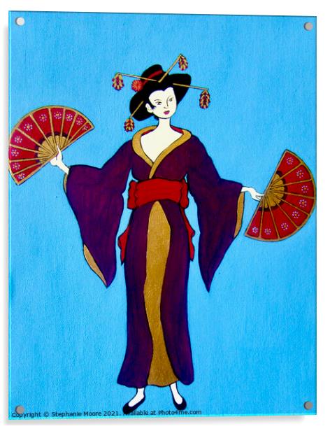 Geisha with Two Fans Acrylic by Stephanie Moore