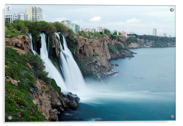 Duden Waterfalls falls into The Mediterranean Sea at Antalya Turkey Acrylic by Engin Sezer