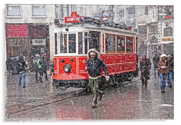 A nostalgic tram was passing by The Istiklal Street when snowfalls at Istanbul Acrylic by Engin Sezer