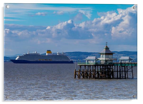 Clevedon Pier with cruise ship passing Acrylic by Rory Hailes
