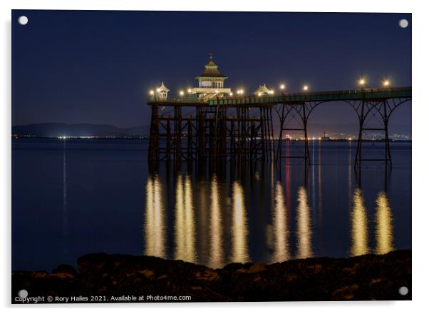 Clevedon Pier head at night Acrylic by Rory Hailes