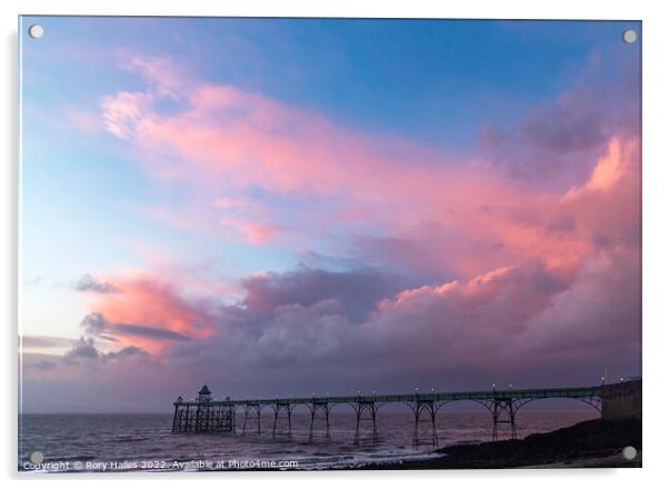 Clevedon Pier at sunset on a cloudy evening Acrylic by Rory Hailes