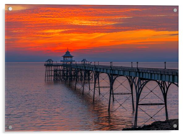 Clevedon Pier with brigh reddish orangey horizon Acrylic by Rory Hailes