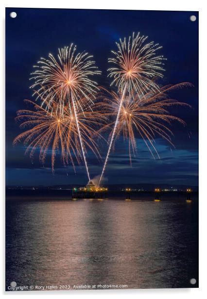 Clevedon Pier Coronation Fireworks on a calm sea Acrylic by Rory Hailes