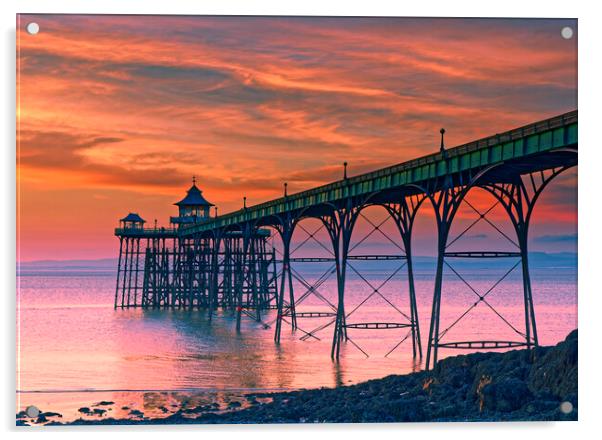 Clevedon Pier at sunset on a calm evening with cloud and blue sky above Acrylic by Rory Hailes